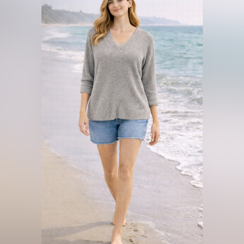 Barefoot Dreams XS Petite CozyChic Lite V Neck Silver Gray Sweater Top NEW $118